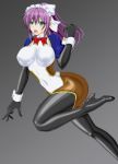  ass bodysuit boots breasts commentary_request covered_navel covered_nipples cowboy_shot fuuki_(misty_wind) green_eyes impossible_clothes looking_at_viewer maid_headdress original ponytail purple_hair shiny shiny_clothes skin_tight solo thigh_boots thighhighs turtleneck 