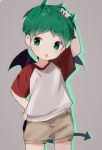  2019 absurd_res blep child clothed clothing demon green_eyes green_hair hair hand_on_head hand_on_hip hi_res humanoid male not_furry shirt shorts solo thebrushking tongue tongue_out wings young 