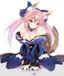  animal_ear_fluff animal_ears blue_legwear blue_ribbon blush breasts cleavage commentary_request fate/extra fate_(series) fox_ears fox_girl fox_tail gold_trim hair_ribbon heart heart-shaped_pupils highres japanese_clothes large_breasts long_hair looking_at_viewer nagato_(user_wnac3585) pink_hair ribbon seiza simple_background sitting solo symbol-shaped_pupils tail tamamo_(fate)_(all) tamamo_no_mae_(fate) white_background yellow_eyes 