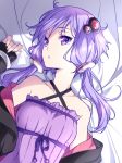  bangs bare_shoulders blanket commentary_request hair_ornament long_hair looking_at_viewer lying on_back parted_lips purple_eyes purple_hair rei_no_himo sleeves_past_wrists solo tasikanamanzok twintails upper_body vocaloid voiceroid yuzuki_yukari 