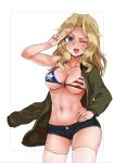  ;d american_flag_bikini aomushi_(mushamusha) ass_visible_through_thighs bikini blonde_hair blue_eyes blue_shorts breasts brown_jacket commentary_request cowboy_shot denim denim_shorts eyebrows_visible_through_hair flag_print girls_und_panzer hair_intakes hand_on_hip jacket kay_(girls_und_panzer) large_breasts long_hair long_sleeves looking_at_viewer military military_uniform navel o-ring o-ring_bikini off_shoulder one_eye_closed open_clothes open_jacket open_mouth salute saunders_military_uniform short_shorts shorts simple_background skindentation smile solo standing swimsuit thighhighs thighs uniform v white_background white_legwear 