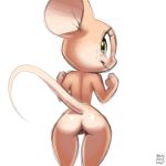  2018 anthro big_ears big_eyes butt eyelashes female freckles fur long_tail looking_back mammal mouse nude presenting presenting_hindquarters pussy raised_tail rear_view rodent simple_background smile solo standing tan_fur thigh_gap white_background wide_hips xylas yellow_eyes 