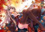  ass autumn_leaves bangs blue_eyes blunt_bangs blush brown_kimono brown_legwear commentary_request copyright_request flower frilled_sleeves frills hair_flower hair_ornament holding holding_leaf japanese_clothes kimono leaf light_brown_hair long_hair long_sleeves looking_at_viewer obi official_art parted_lips platform_footwear red_footwear sash solo thighhighs usagihime very_long_hair water_drop white_flower wide_sleeves zouri 