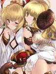  absurdres ahoge andira_(granblue_fantasy) anila_(granblue_fantasy) animal_ears bangs bare_shoulders biting blonde_hair blush breast_grab breasts detached_sleeves draph ear_biting erune eyebrows eyebrows_visible_through_hair gloves grabbing granblue_fantasy hairband hand_under_clothes highres horns lips long_hair maou_(maoudaisukiya) monkey_ears monkey_tail multiple_girls red_eyes sheep_horns short_hair simple_background skirt small_breasts sweat tail thighhighs very_long_hair white_legwear yellow_eyes yuri 