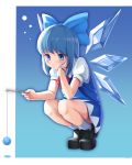  absurdres black_footwear blue_bow blue_eyes blue_hair blush bow cirno closed_mouth eyebrows_visible_through_hair goback hair_bow highres ice ice_wings looking_away puffy_short_sleeves puffy_sleeves shoes short_hair short_sleeves socks squatting touhou white_legwear wings 