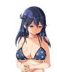  ahoge alternate_costume bangs bikini blue_bikini blue_hair blush breasts cleavage closed_mouth commentary_request green_eyes hair_between_eyes half-closed_eyes hands_together kantai_collection large_breasts long_hair looking_away looking_down polka_dot polka_dot_bikini shiny shiny_skin sidelocks simple_background solo stomach swimsuit upper_body ushio_(kantai_collection) white_background zaxwu 