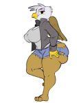  angstrom anthro avian beak big_breasts big_butt breasts brown_feathers butt clothed clothing feathers female friendship_is_magic gilda_(mlp) gryphon huge_butt looking_at_viewer my_little_pony nipple_bulge simple_background smile solo thick_thighs torn_clothing white_background white_feathers wings 