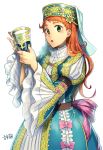  1girl brown_hair cup drinking_glass earrings flat_cap frills green_eyes hat highres holding jewelry juliet_sleeves long_hair long_sleeves looking_at_viewer nail_polish open_mouth original puffy_sleeves raito_(latek) traditional_dress white_background wine_glass 