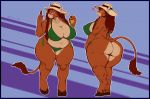  &lt;3 2018 3_fingers abstract_background anthro aurinaka belly big_breasts big_butt bikini bovine braided_hair breasts butt cattle cleavage clothed clothing deep_navel female front_view fur greasymojo hair hat hooves horn huge_breasts huge_butt long_hair looking_at_viewer looking_back mammal navel nipple_bulge pinup pose purple_eyes rear_view seductive slightly_chubby smile solo standing string_bikini sun_lotion swimsuit thick_thighs wide_hips 