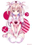  apron bandaged_arm bandages between_legs blonde_hair bunny_hair_ornament collared_shirt commentary_request eyebrows_visible_through_hair hair_ornament hand_between_legs hat heart long_hair looking_at_viewer myuton natori_sana nurse_cap open_toe_shoes pink_apron puffy_short_sleeves puffy_sleeves red_eyes sana_channel shirt short_sleeves simple_background sitting solo sweatdrop thighhighs twitter_username two_side_up v_arms virtual_youtuber white_legwear 