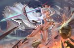  absurdres altera_(fate) bangs bare_shoulders battlefield blunt_bangs breasts cleavage closed_mouth commentary detached_sleeves fate/grand_order fate_(series) fighting_stance flag full_body full_body_tattoo god_hunter headdress helmet highres holding holding_weapon legs long_legs looking_at_viewer medium_breasts midriff navel night outdoors photon_ray polearm red_eyes red_footwear shiny shiny_hair short_hair showgirl_skirt skirt sky socks solo sparks stomach_tattoo sword tan tattoo thighs weapon white_hair white_skirt 