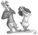  2013 3_toes 4_fingers anthro anthrofied bottomless canine clothed clothing coat cocker_spaniel crossed_arms digital_drawing_(artwork) digital_media_(artwork) disney dog duo ehh123 embarrassed fully_clothed greyscale lady_(latt) lady_and_the_tramp looking_aside looking_at_another male mammal monochrome raised_eyebrow semi-anthro shirt signature simple_background sketch skirt spaniel standing stern sweater toes tramp white_background 