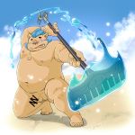  anthro balls beach belly blue_hair boar censored clothing facial_hair foreskin fupa gouryou hair kneeling male mammal melee_weapon musclegut muscular muscular_male navel nipples nude overweight overweight_male penis polearm porcine seaside sideburns solo swimsuit tokyo_afterschool_summoners water weapon おもちをたくさん 