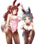  animal_ears black_leotard black_neckwear bow bowtie breasts brown_hair brown_legwear bunny_ears bunny_tail bunnysuit chi_gura-ya cleavage detached_collar fake_animal_ears green_eyes green_hair hair_ribbon highres irako_(kantai_collection) kantai_collection large_breasts leaning_forward leotard long_hair looking_at_viewer mamiya_(kantai_collection) multiple_girls pantyhose pink_leotard ponytail red_eyes red_neckwear red_ribbon ribbon simple_background smile standing tail tray white_background wrist_cuffs 