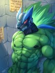  2018 abs alien anthro armor biceps bna_v5 capcom fire hi_res humanoid machine male mega_man_(series) mega_man_star_force muscular muscular_male nipples nude omega-xis pecs poster public red_eyes robot scalie sharp_teeth solo tagme teeth video_games 