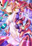  anice_farm armor armpits bodysuit breasts brown_eyes brown_hair chouon_senshi_borgman cleavage closed_mouth commentary_request digital_dissolve gauntlets groin henshin highres long_hair looking_at_viewer navel ogata_tei red_armor sidelocks slingshot_swimsuit smile solo swimsuit thighhighs white_swimsuit 