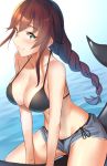  alternate_costume alternate_hairstyle bangs bare_shoulders bikini black_bikini blush braid breasts brown_hair cleavage collarbone day eyebrows_visible_through_hair green_eyes groin highres kantai_collection large_breasts leaning_forward long_hair looking_at_viewer mounting noshiro_(kantai_collection) open_clothes open_shorts outdoors pallad short_shorts shorts sidelocks single_braid smile solo stomach swept_bangs swimsuit thighs water 