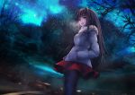  ame-kan aozaki_aoko bare_tree black_legwear blue_eyes brown_hair city_lights coat commentary_request cowboy_shot dutch_angle from_below fur_trim hand_in_pocket horizon long_hair mahou_tsukai_no_yoru mountainous_horizon night night_sky open_mouth outdoors pantyhose red_skirt river road scenery single_hair_intake skirt sky solo star_(sky) starry_sky tree white_coat winter_clothes winter_coat 