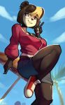  anthro bear black_hair blonde_hair bra_strap clothed clothing exposed_shoulder eyewear female footwear glasses hair happy highlights mammal outside palm_tree panda pinup pose purple_eyes raised_leg shaded shoes short_hair shorts sky smile solo spikedmauler standing tree umbrella v_sign 