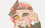  ;d blush directional_arrow fang highres long_sleeves looking_at_viewer medium_hair mole nimae04 octarian octoling one_eye_closed open_mouth red_hair simple_background smile solo splatoon_(series) splatoon_2 splatoon_2:_octo_expansion teeth tentacle_hair upper_body white_background yellow_eyes 