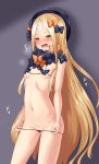  abigail_williams_(fate/grand_order) bandaid_on_forehead bangs bare_shoulders bikini bikini_pull black_bikini black_bow black_hat blonde_hair blue_eyes blush bow breasts commentary_request fate/grand_order fate_(series) forehead hair_bow hat highres hips hitotsuki_nebura long_hair micro_bikini navel open_mouth orange_bow parted_bangs polka_dot polka_dot_bow small_breasts solo string_bikini swimsuit thighs very_long_hair 