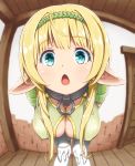  bent_over blonde_hair blue_eyes blurry breasts cleavage cleavage_cutout close-up collar commentary_request depth_of_field elbow_gloves elf face fisheye foreshortening gloves green_shirt hairband hands_on_own_thighs isekai_maou_to_shoukan_shoujo_dorei_majutsu large_breasts long_hair o-ring open_mouth pointy_ears shera_l_greenwood shirt solo tamamushi_(tbt) thighhighs white_gloves white_legwear 