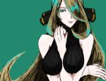  1girl artist_request bare_shoulders between_breasts black_sweater blonde_hair breasts closed_mouth creatures_(company) eyelashes fur_collar game_freak green_background green_eyes hair_ornament hair_over_one_eye hand_between_breasts holding holding_poke_ball large_breasts lips long_hair looking_at_viewer nintendo poke_ball poke_ball_(generic) pokemon pokemon_(game) pokemon_dppt ribbed_sweater shirona_(pokemon) simple_background solo sweater upper_body 