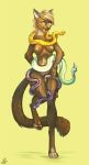  2016 ambiguous_gender anthro breasts brown_fur cat convenient_censorship digital_media_(artwork) feline female feral fur hair horn looking_at_viewer mammal nipples nude pussy reptile scalie simple_background smile snake solo standing thick_thighs tongue tongue_out 