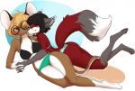  2018 4_toes anthro bikini black_hair canine clothed clothing digital_media_(artwork) duo eyewear female female/female firetally fox fur glasses hair mammal mouse red_eyes red_fur rodent simple_background smile swimsuit toes 