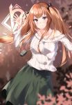  404_logo_(girls_frontline) absurdres alternate_costume bangs blush breasts brown_eyes brown_hair casual closed_mouth collarbone commentary dog_tags eyebrows_visible_through_hair floating_hair girls_frontline green_skirt hair_ornament hairclip hand_up highres k-doku long_hair looking_at_viewer loose_clothes off_shoulder ribbed_sweater ribbon scar scar_across_eye sidelocks signature skirt smile sweater twintails ump9_(girls_frontline) white_sweater wind 