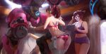  ass back belt bikini blue_shorts blue_tank_top breasts bullet_hole casual cleavage curvy d.va_(overwatch) garage glasses gloves hair_ornament hairpin headphones highres large_breasts leaning_forward lens_flare linger_ftc looking_at_viewer looking_back mecha mei_(overwatch) midriff multiple_girls navel overwatch pink_bikini ponytail shiny shiny_skin short_shorts shorts sleeveless stomach swimsuit tablet tank_top utility_belt whisker_markings white_legwear 