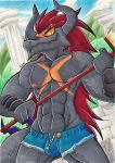  2018 3_fingers abs anthro batzz_(buddyfight) belly_scales biped black_eyes black_scales broom bulge button_(fastener) candyshybat clothed clothing cloud cutoffs denim_shorts dragon dutch_angle eyebrows facial_scar front_view future_card_buddyfight grey_horn grey_scales grey_tail hair half-length_portrait hi_res holding_object horn lighting long_hair long_tail looking_at_viewer male mountain multicolored_scales muscular muscular_male navel nipples orange_sclera outside pecs pillar pink_nipples pinup plant portrait pose red_hair scales scalie scar shadow shorts shrub sky smile smirk smug snout solo spikes standing thick_eyebrows topless traditional_media_(artwork) tree two_tone_scales unzipped 