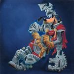  2016 4_fingers anthro armor belt black_fur blue_background brown_fur buckteeth canine character_name crossed_legs disney dog drachenmagier fur goofy_(disney) helmet leather_gloves looking_at_viewer male mammal open_mouth open_smile simple_background smile solo spurs teeth tools watermark wrench 