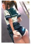  adjusting_clothes adjusting_swimsuit ass blue_sailor_collar blue_skirt blue_swimsuit brown_eyes brown_hair cowboy_shot dutch_angle i-401_(kantai_collection) kantai_collection lifted_by_self one-piece_swimsuit one-piece_tan pleated_skirt ponytail sailor_collar school_swimsuit school_uniform serafuku shiden_(sashimi_no_wife) short_hair skirt skirt_lift solo swimsuit swimsuit_under_clothes tan tanline 