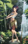  artist_name bangs bare_shoulders black_hair blue_eyes breasts brown_shorts closed_mouth commentary dappled_sunlight dated facepaint flower forest full_body grass hair_flower hair_ornament holding holding_sword holding_weapon jewelry klegsart leaf looking_at_viewer nature navel necklace on_rock original outdoors red_flower rock sarashi shield short_hair shorts sketch_eyebrows small_breasts smile solo standing stomach stream sunlight sword tooth_necklace tree v_arms water waterfall weapon 