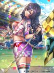  black_hair blue_sky braid breasts checkered checkered_flag cowboy_shot day fingerless_gloves flag gloves holding holding_flag interitio jacket large_breasts long_hair looking_back official_art outdoors pencil_skirt pink_jacket purple_eyes purple_skirt race_queen shiny shiny_clothes skirt sky smile solo stadium standing striped striped_legwear sunlight tenka_touitsu_chronicle very_long_hair watermark white_gloves white_legwear 