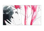  2others absurdres androgynous black_eyes black_hair colored_eyelashes crystal_hair eyebrows_visible_through_hair face-to-face hand_on_another&#039;s_face highres houseki_no_kuni looking_at_another multiple_others obsidian_(houseki_no_kuni) red_beryl_(houseki_no_kuni) red_eyes red_hair white_skin 
