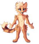  anthro blue_eyes chest_tuft facial_piercing female fluffy fluffy_tail fur fy&#039;rah hair hindpaw ino_(kin) kin~ maplespyder naturally_censored nose_piercing paws piercing septum_piercing simple_background solo spiky_hair spots stripes tail_tuft tongue tuft white_hair 