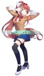  adapted_costume black_legwear brown_hair commentary_request doki_doki_literature_club empihe7174 english fabulous full_body green_eyes high_heels highres jojo_no_kimyou_na_bouken jojo_pose korean_commentary long_hair looking_at_viewer monika_(doki_doki_literature_club) ponytail pose school_uniform simple_background smile solo thigh_strap thighhighs very_long_hair white_background white_footwear 