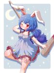  1girl ambiguous_red_liquid animal_ears arinu bloomers blue_background blue_dress blue_hair blush breasts bunny_ears cleavage commentary_request crescent dress ear_clip floppy_ears highres holding_mallet kine long_hair looking_at_viewer mallet medium_breasts one_eye_closed partial_commentary red_eyes seiran_(touhou) short_dress smile socks solo stain standing star tied_hair touhou underwear white_legwear 