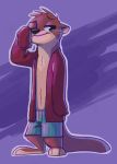  2018 anthro bare_chest barefoot boxers_(clothing) brown_fur clothed clothing disney fan_character fuel_(artist) fur head_tuft hi_res looking_at_viewer male mammal mustelid oliver_(fuel) one_eye_closed open_jacket otter purple_background simple_background solo standing underwear whiskers zootopia 