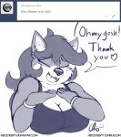  &lt;3 5_fingers :3 anthro ask_blog big_breasts bracelet breasts canine cleavage clothed clothing dog english_text eyes_closed fangs female fur hair happy jewelry mammal mary_blissany monochrome nekocrispy open_mouth open_smile overweight overweight_female simple_background smile solo speech_bubble text tumblr url white_background 