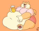  2018 alcohol anthro beer belly beverage big_belly big_cheeks black_eyes blush canine chubby_cheeks clothed clothing deep_navel digital_media_(artwork) dog drunk half-closed_eyes hand_on_stomach holding_belly hyper hyper_belly kelpu looking_at_viewer male mammal moobs morbidly_obese navel obese obese_male open_mouth orange_background overweight overweight_male p3ntavus pawpads shiba_inu signature simple_background sitting smile solo tongue tongue_out 