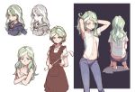  apron blonde_hair breasts commentary_request denim diana_cavendish from_behind green_eyes highres jeans little_witch_academia luna_nova_school_uniform naked_towel open_clothes open_shirt panties pants qiongsheng small_breasts towel underwear 