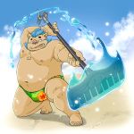  anthro beach belly blue_hair boar bulge clothed clothing facial_hair gouryou hair kneeling male mammal melee_weapon musclegut muscular muscular_male navel nipples overweight overweight_male polearm porcine seaside sideburns solo speedo swimsuit tokyo_afterschool_summoners water weapon おもちをたくさん 