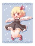 1girl arinu black_dress blonde_hair blue_background blush collared_shirt commentary_request dress dress_shirt full_body hair_ribbon highres long_sleeves looking_at_viewer mary_janes open_mouth outstretched_arms partial_commentary red_eyes red_footwear red_ribbon ribbon rumia shirt shoes short_hair smile socks solo star touhou white_legwear white_shirt 