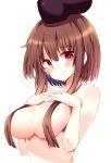  bangs black_hat blush breasts brown_hair commentary_request eyebrows_visible_through_hair hair_between_eyes hair_censor hands_up hat head_tilt heart highres large_breasts lips looking_at_viewer maturiuta_sorato nishida_satono nude pink_eyes short_hair_with_long_locks sidelocks simple_background smile solo touhou upper_body white_background 
