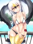  1girl bangs bare_arms bare_shoulders beach bikini bikini_pull bird_tail bird_wings black-tailed_gull_(kemono_friends) black_hair blonde_hair blurry blurry_background breasts cleavage closed_mouth collarbone commentary_request cowboy_shot day eyebrows_visible_through_hair groin hair_between_eyes head_tilt head_wings highres hips kemono_friends kinou_no_shika leg_up lips long_hair looking_at_viewer medium_breasts multicolored_hair on_railing outdoors pulled_by_self railing red_hair side-tie_bikini side-tie_bottom smile solo standing standing_on_one_leg stomach swimsuit thighhighs water white_hair wings yellow_eyes yellow_legwear 