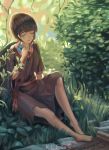  artist_name bangs brown_dress brown_hair closed_eyes closed_mouth commentary day dress english_commentary flower grass highres holding holding_flower jewelry klegsart knee_up leaf necklace original outdoors short_hair sitting smile solo sunlight wide_sleeves 