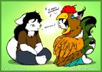  2011 anthro avian bird black_fur black_hair blue_eyes blue_feathers brown_feathers canine cat chicken clothed clothing costume dialogue duo english_text eyes_closed feathered_wings feathers feline female fur green_background green_eyes green_feathers hair humor male mammal o-kemono o-kemono_(character) orange_feathers pussycat_(o-kemono) simple_background story story_in_description text tongue tongue_out white_fur wings wolf 